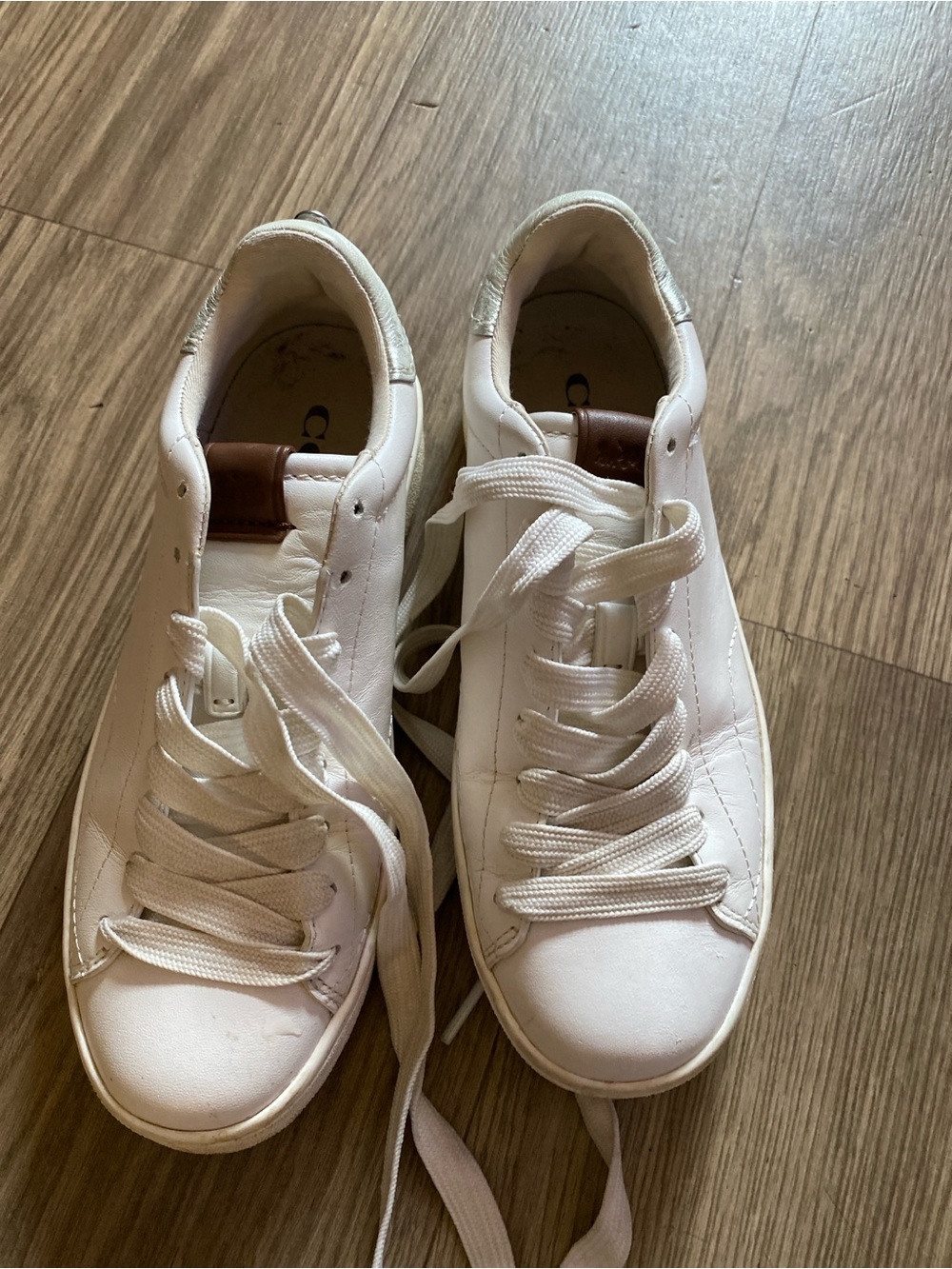 Coach White Low-Top Sneakers with Brown Tongue Accent - Women's